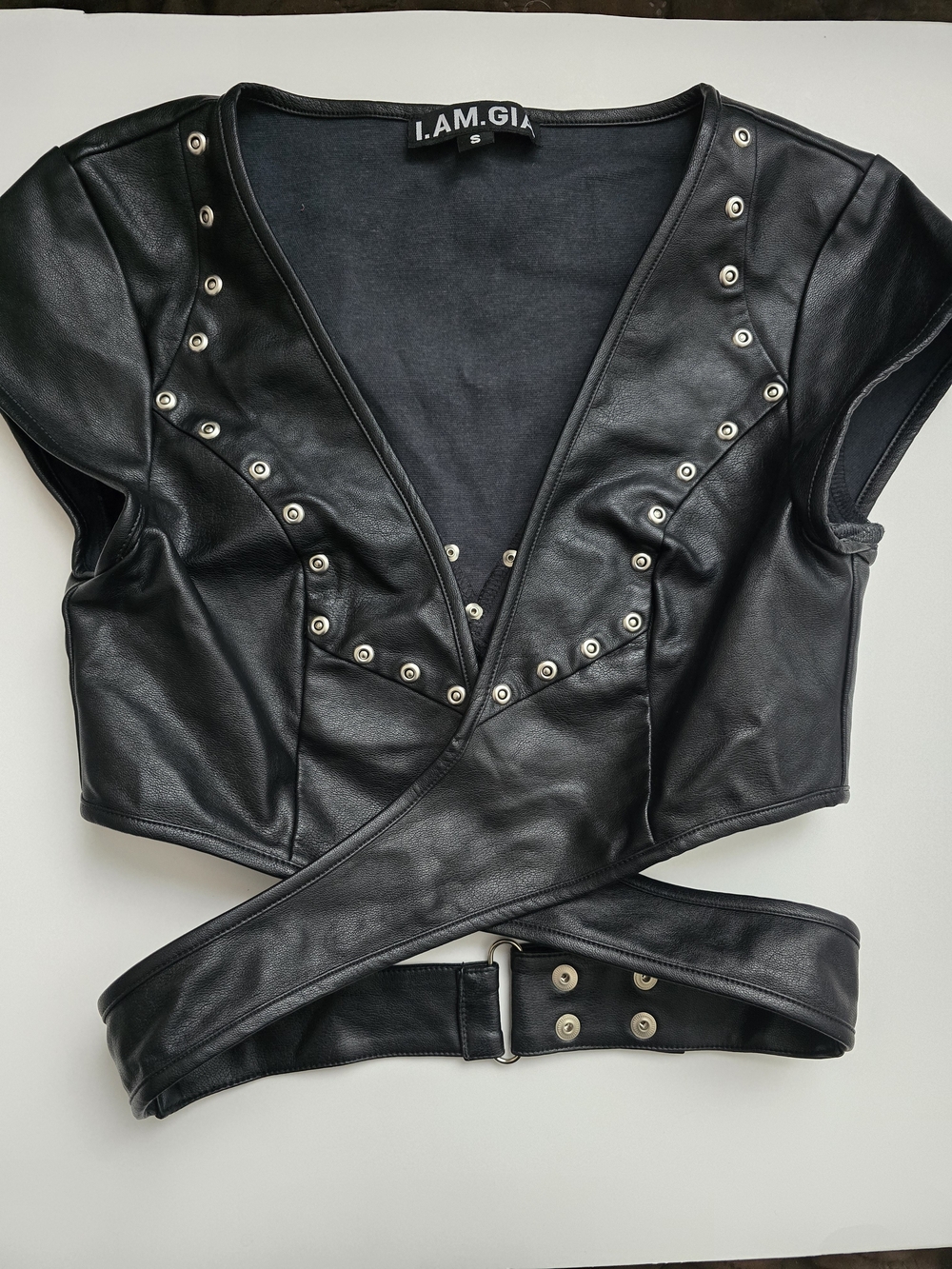 I.AM.GIA Black Vegan Leather Crop Top With Silver Stud Detailing